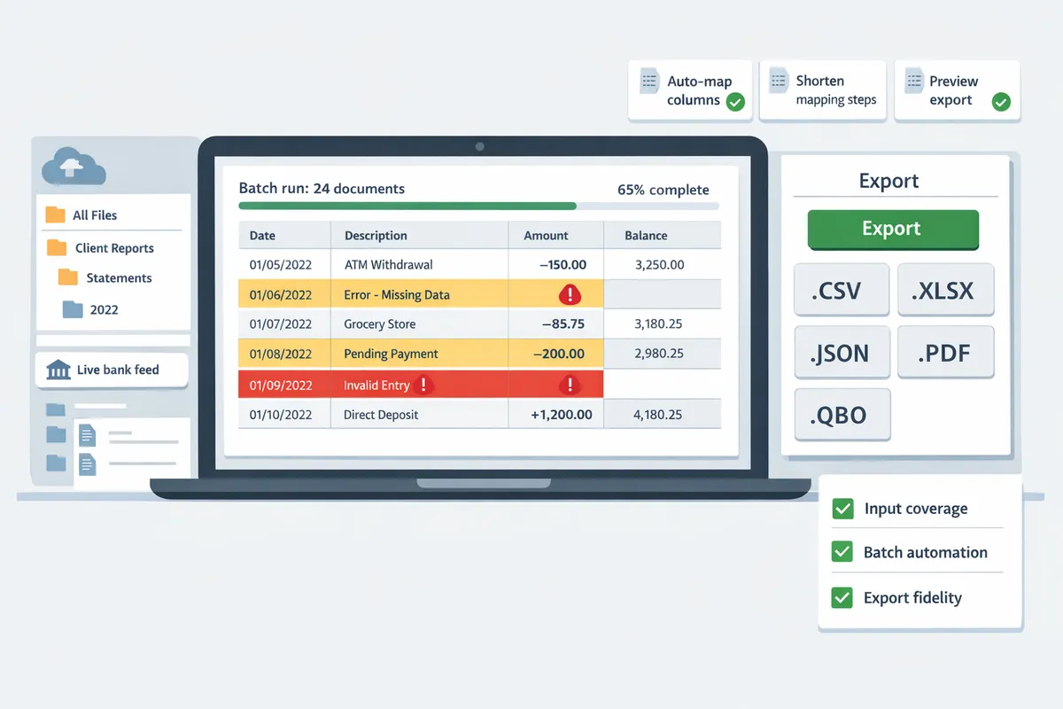 dashboard showing sample bank statement conversion results with extracted transactions error flags and export options