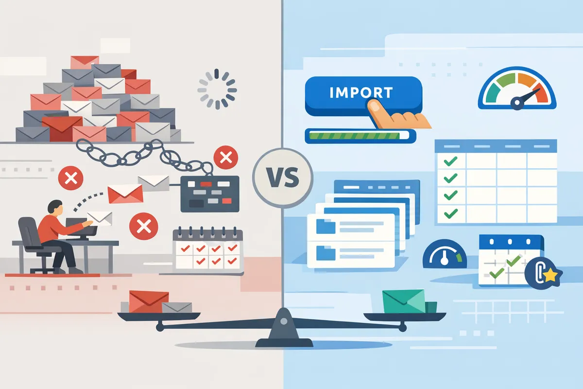 splitscreen comparing apps script workflow on the left and xtractorapp bulk import workflow on the right