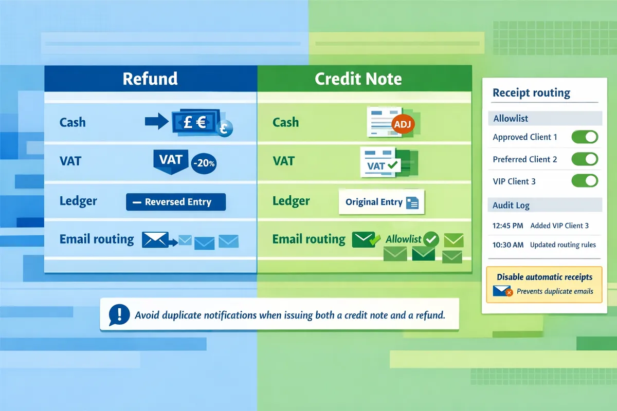 sidebyside table showing refund vs credit note effects on cash vat ledger and customer email routing