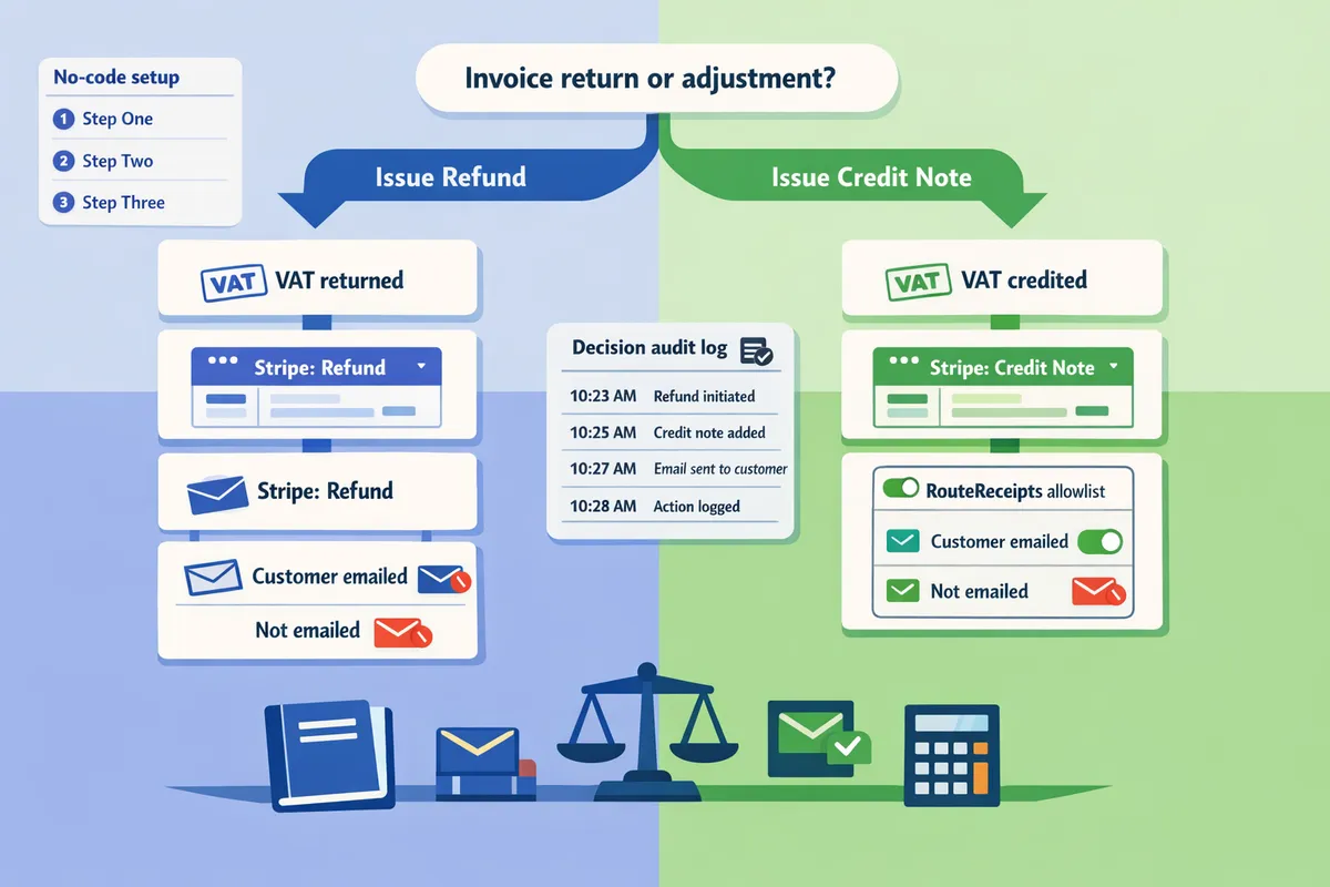 flowchart showing decision path between issuing a refund and issuing a credit note in stripe with vat and customer notification branches