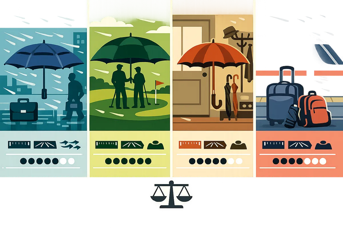 sidebyside comparison of a vented windproof umbrella a large golf umbrella a classic stick umbrella and a compact travel umbrella