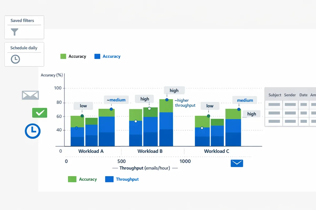stacked bar chart showing throughput and accuracy for gmail addon apps script and xtractorapp across three sample workloads