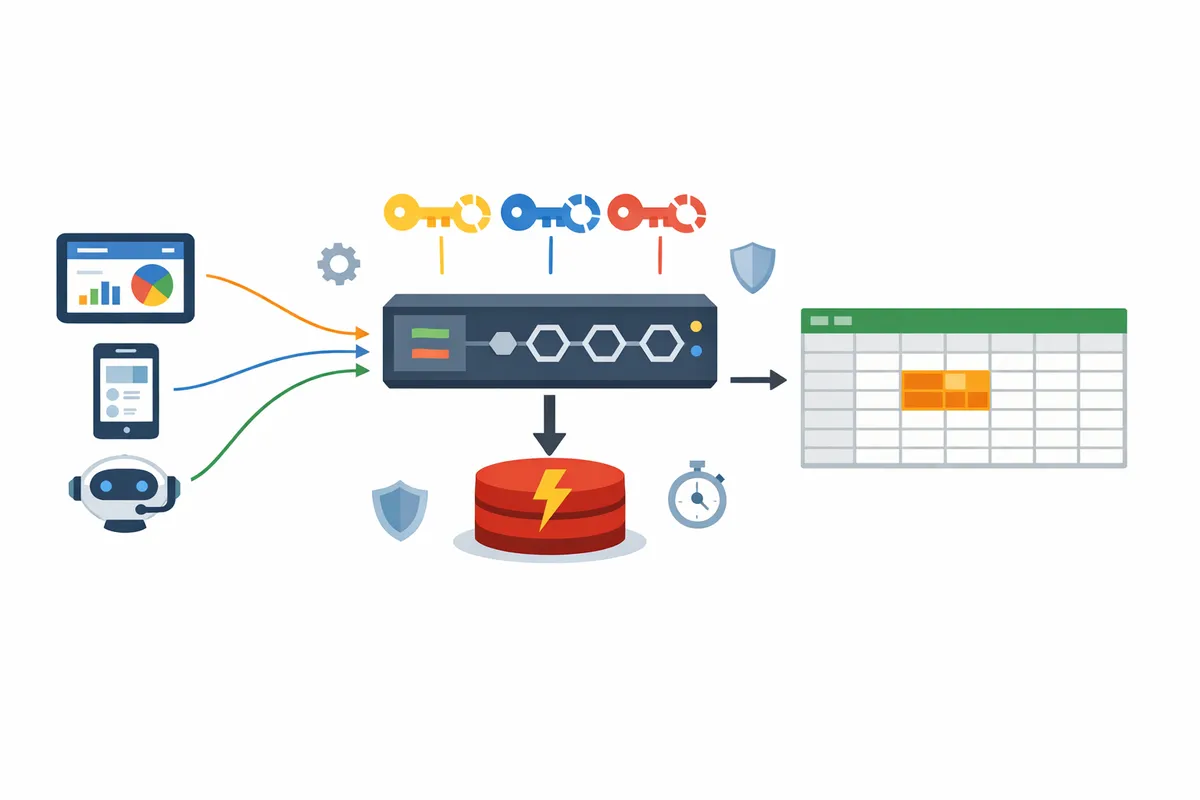 diagram showing an API gateway with per-key rate limiting, Redis caching, and Google Sheets backend with arrows indicating reduced Google API calls