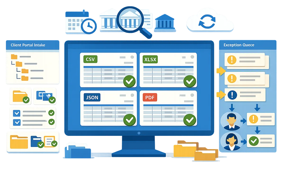 accounting team dashboard showing converted bank statements exception queue and client portal uploads