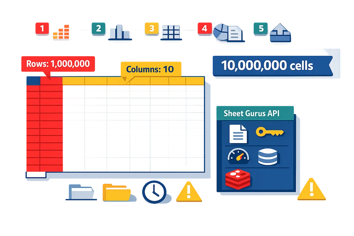  visual table showing a Google Sheet with highlighted row and column counts and a 10M cell counter 