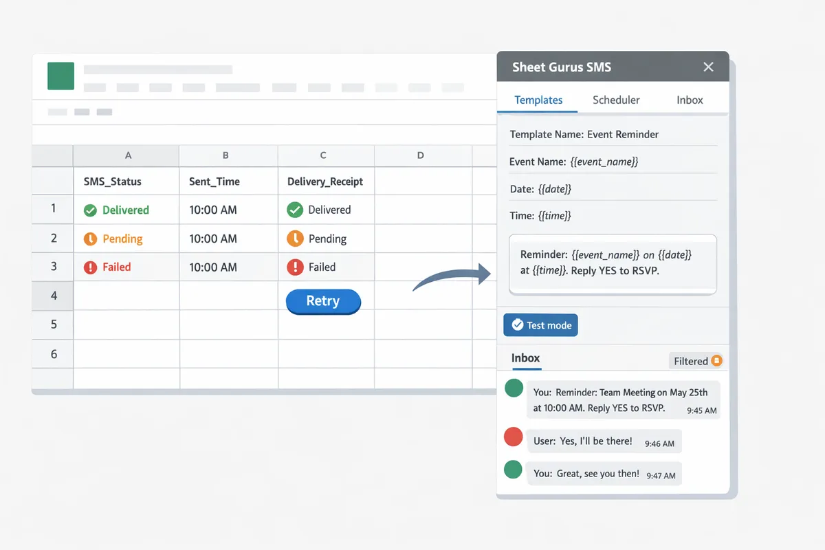 screenshot of sheet gurus sms sidebar showing template fields send schedule and realtime inbox routing