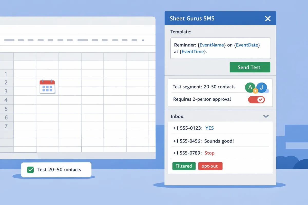 google sheets sidebar showing sheet gurus sms template variables and realtime inbox