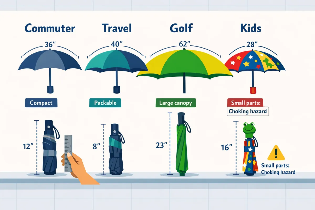 four umbrellas sidebyside labeled commuter travel golf kids showing folded length and canopy size differences