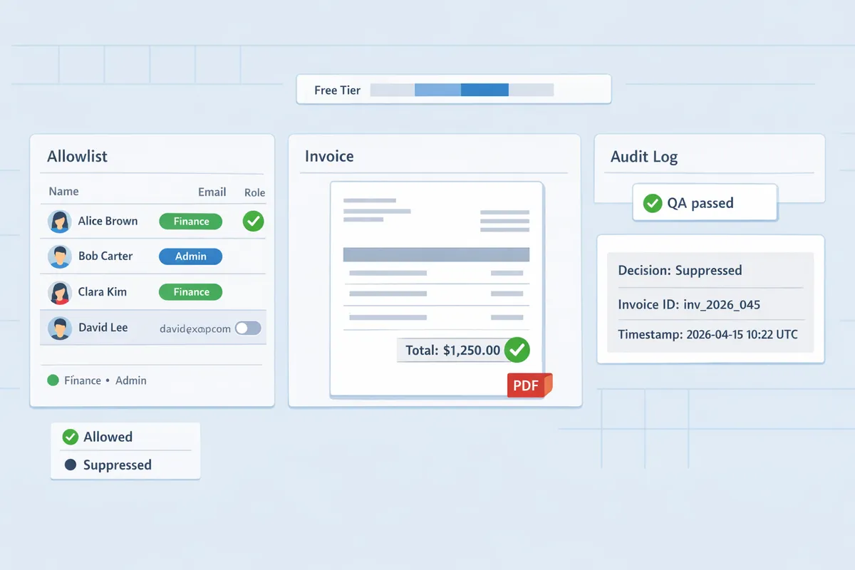 route receipts dashboard showing allowlist entries a sample invoice pdf preview and an auditlog entry