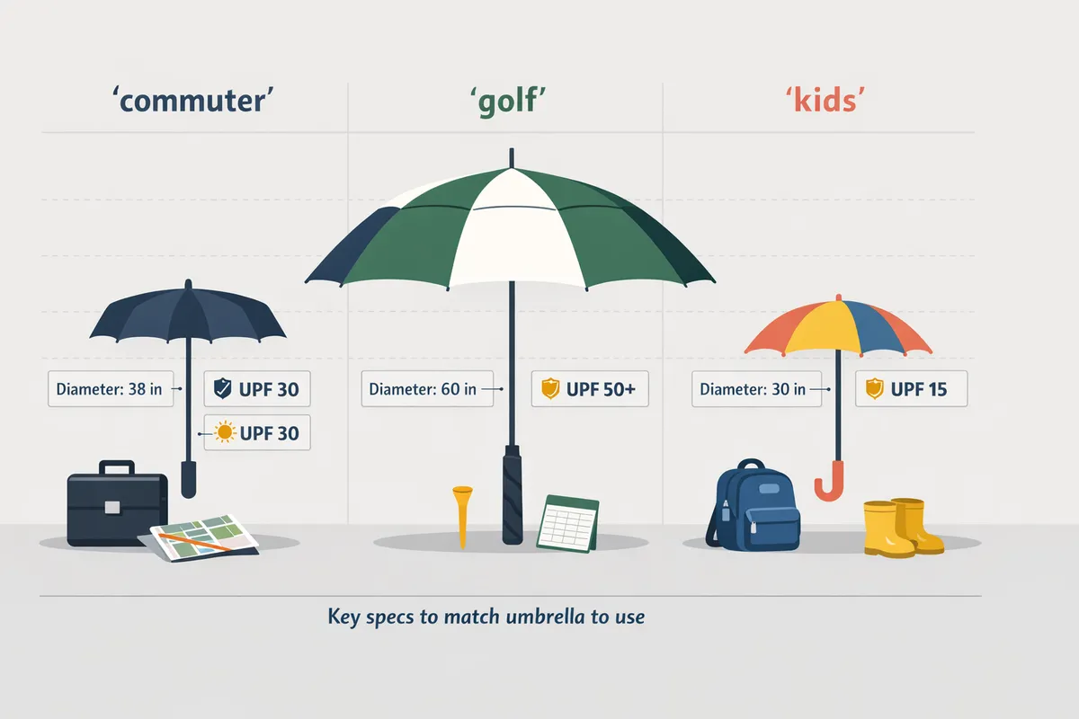 sidebyside comparison of three umbrellas labeled commuter golf and kids with dimensions and upf callouts