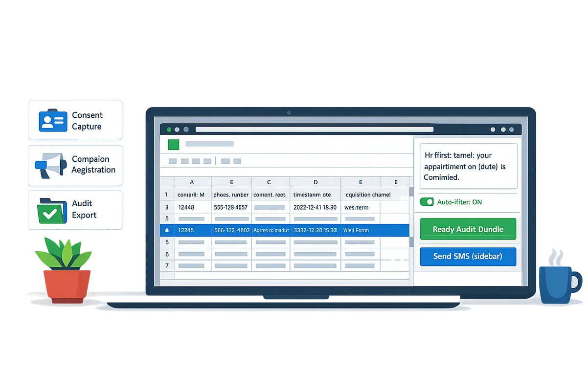 google sheet consent ledger with columns consentid phonenumber consenttext timestamputc acquisitionchannel displayed on a laptop screen