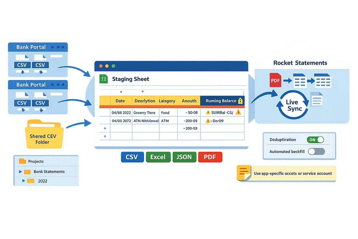 diagram showing a csvfirst workflow bank portals export csv files into a shared folder a staging google sheet imports and normalizes columns and rocket statements converts pdfs or provides live sync to the sheet