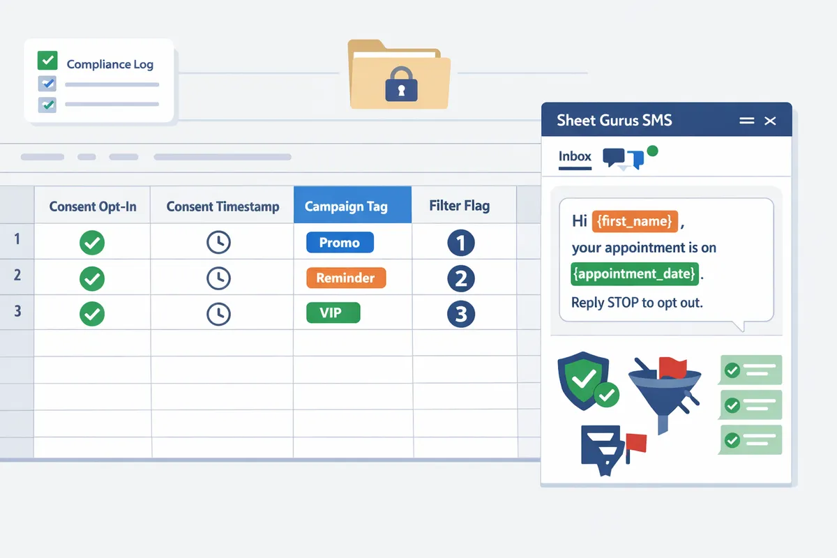 google sheets showing columns for consent fields campaign tagging and an open sheet gurus sms sidebar with a sample message using firstname and appointmentdate