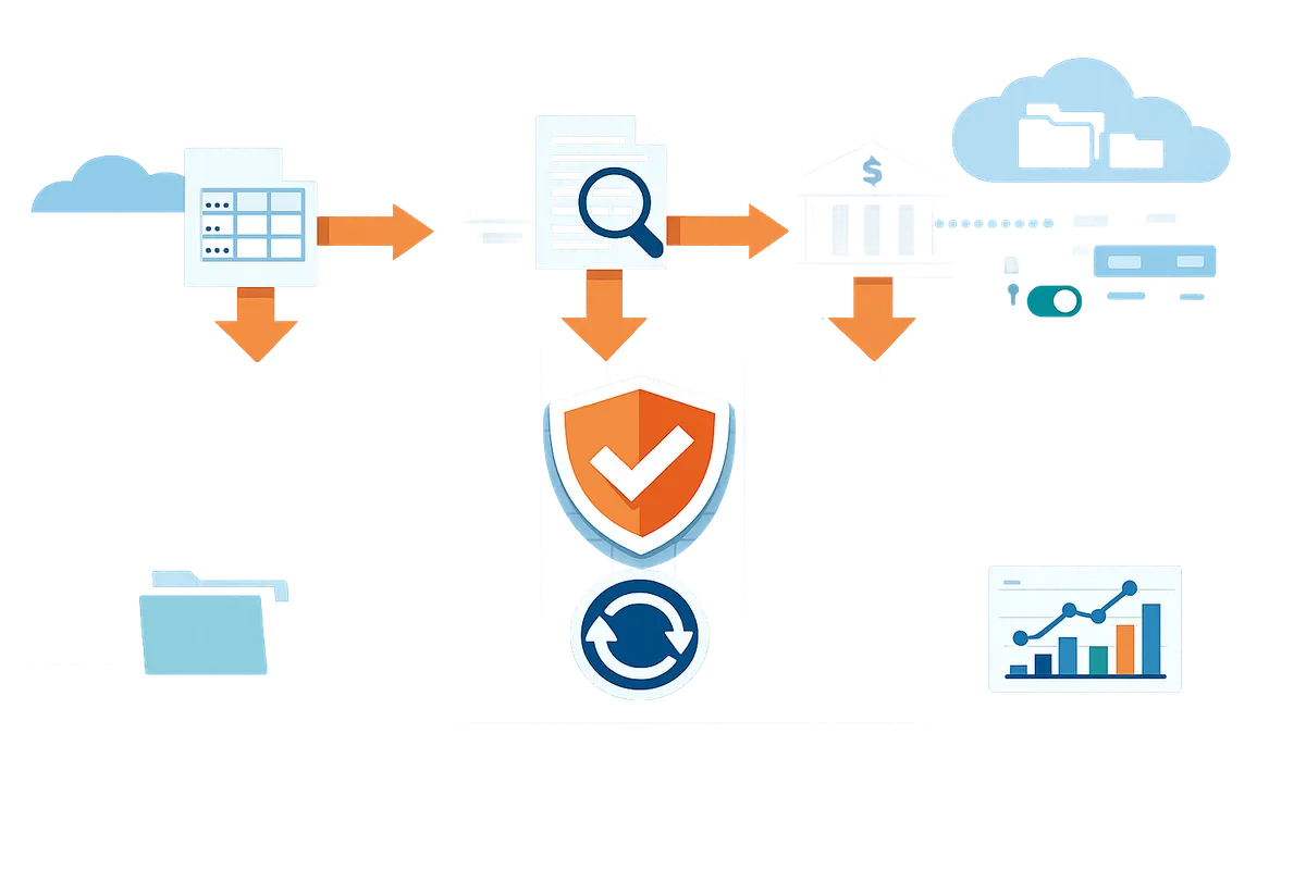 diagram comparing csv export pdfocr extraction and live bank sync flowing into google sheets with dedupe and backfill options