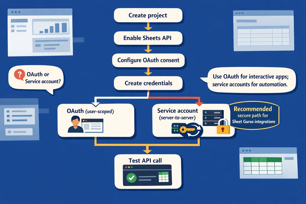 flowchart showing cloud console steps create project enable sheets api configure oauth consent create credentials test api call