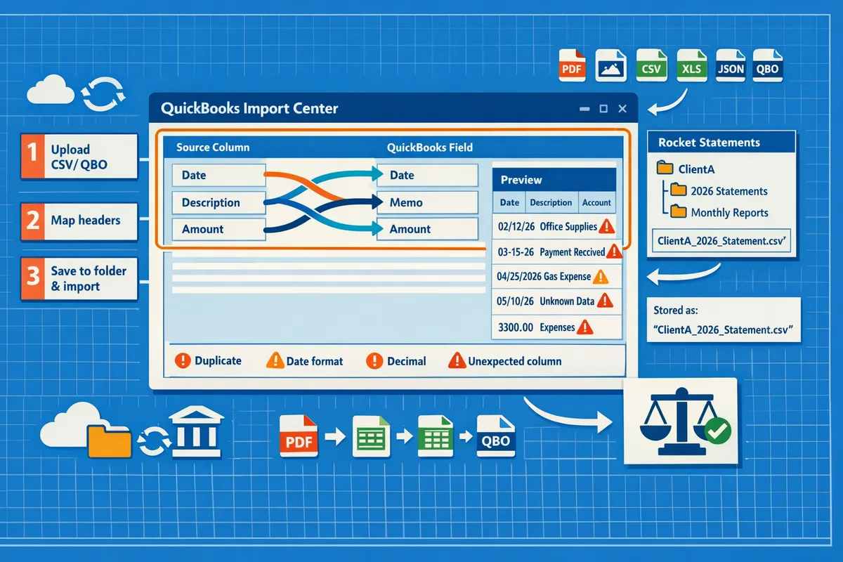 quickbooks import center new layout with header mapping highlighted and preview pane showing sample transactions
