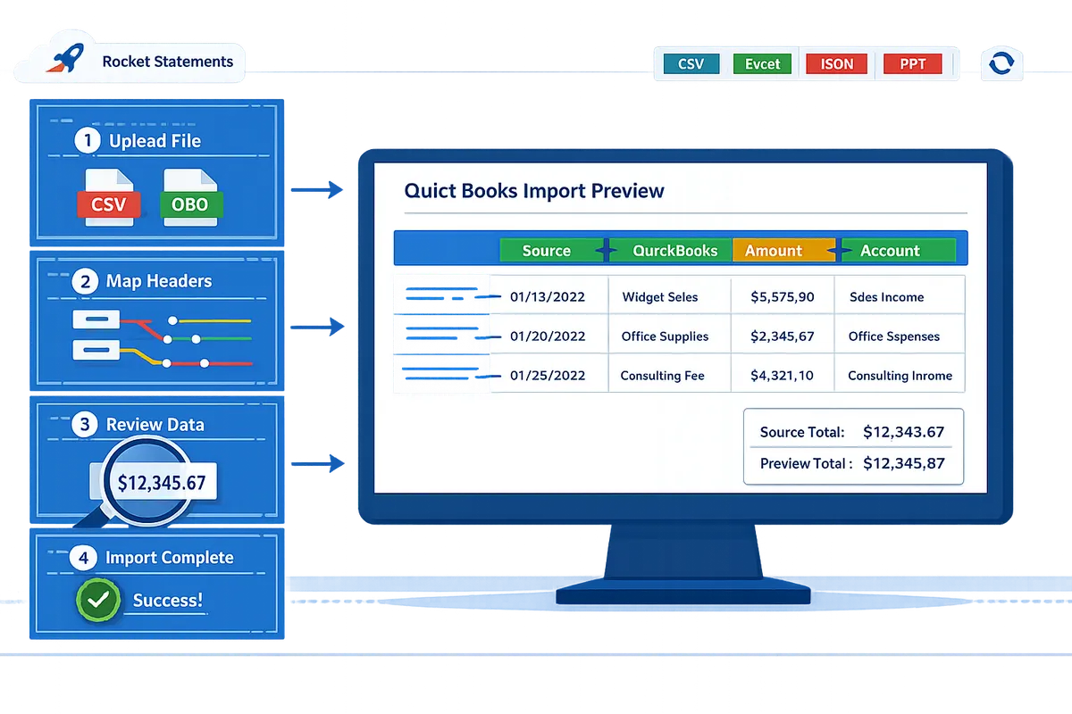 screenshot of quickbooks import center preview mapping with matched headers and a small test import showing totals matching source csv