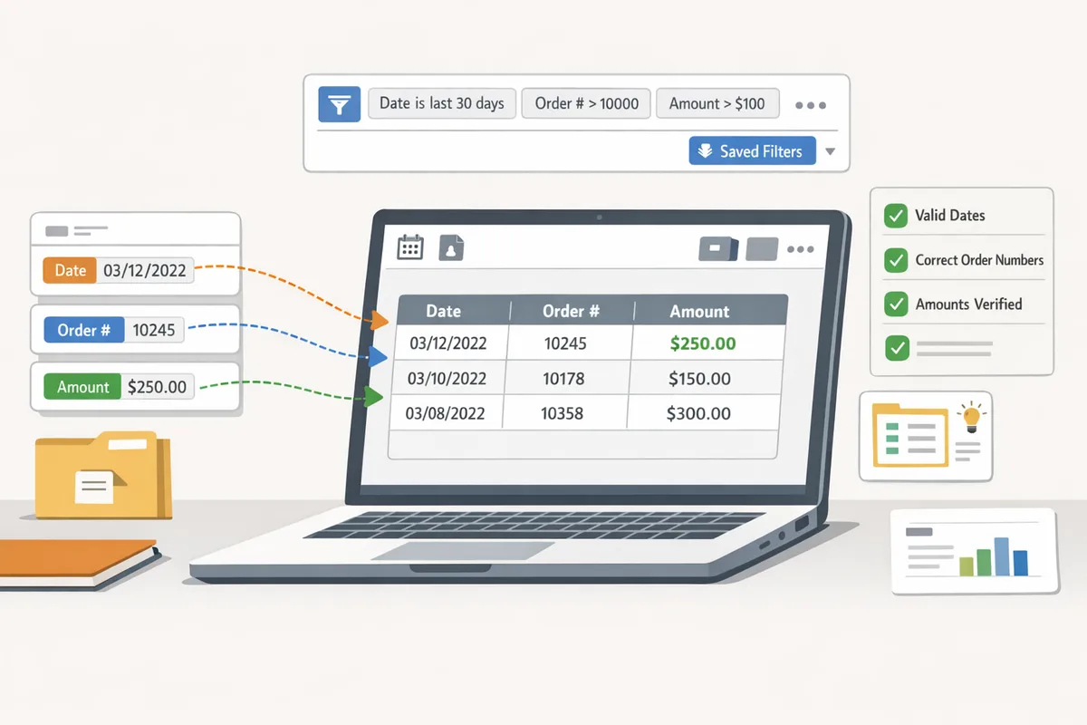 mapping of parsed email fields date order number amount to spreadsheet columns shown on a laptop screen