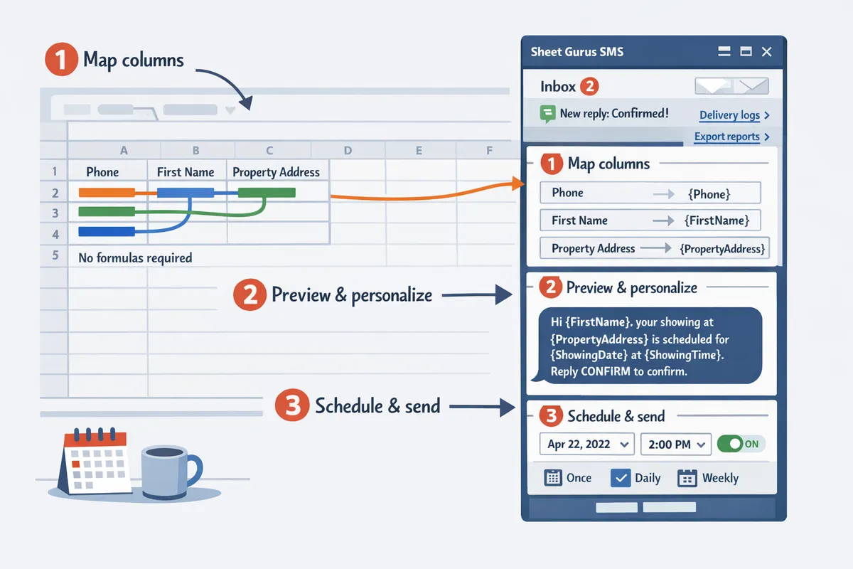sheet gurus sms sidebar open inside google sheets showing column mapping preview pane and scheduler controls