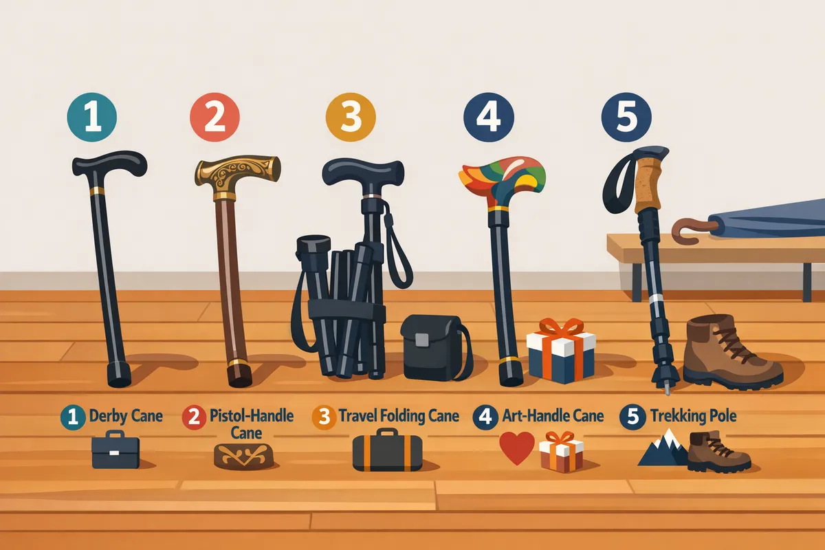 lineup of five canes showing derby pistol foldable novelty art handle and trekking stick arranged on a wooden floor