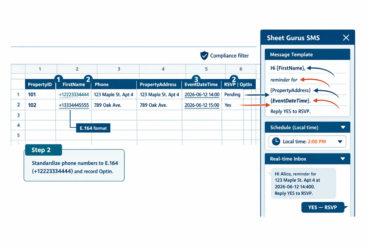 google sheet sample guest list showing columns propertyid firstname phone propertyaddress eventdatetime and rsvp