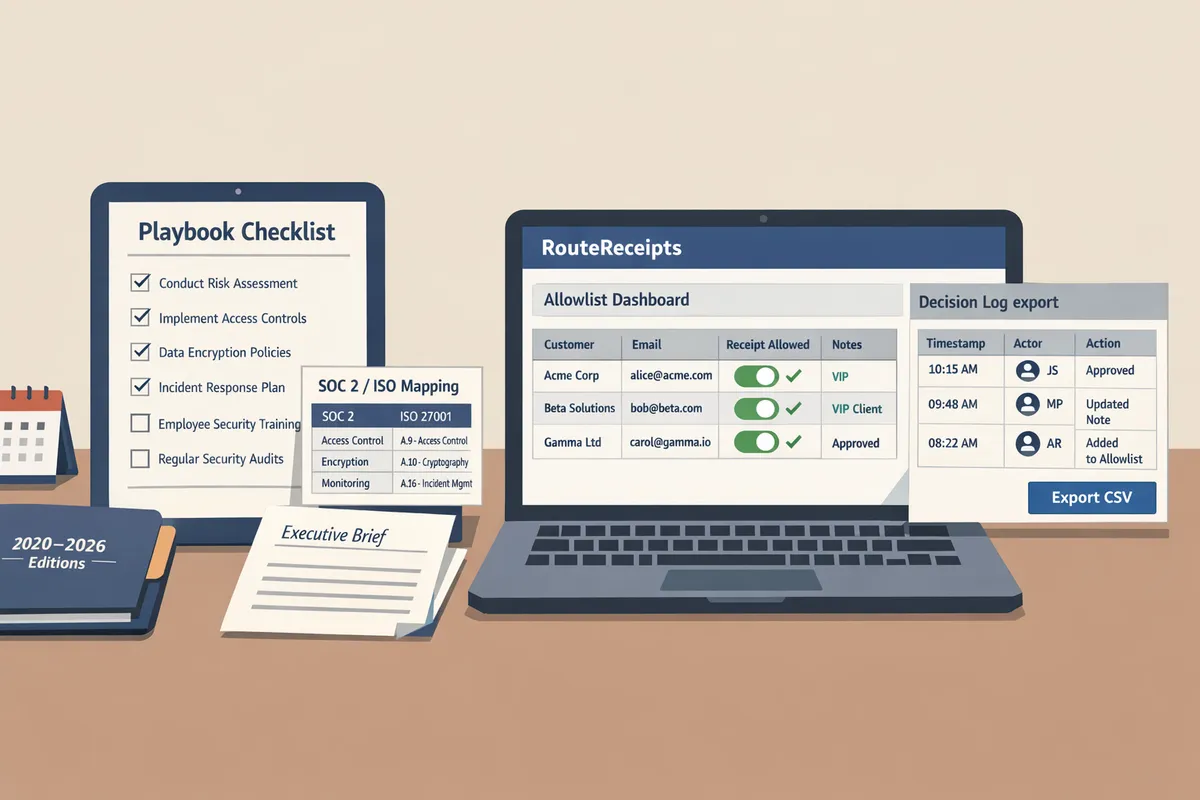 sidebyside view of the playbook checklist pdf and the routereceipts allowlist dashboard showing sample entries and an exported decision log