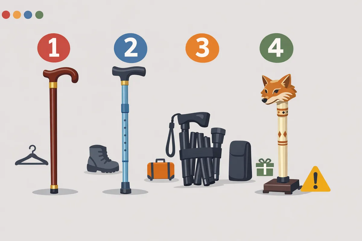 selection of four walking canes showing wood fashion cane lightweight aluminum adjustable cane folded travel cane and a novelty carved cane arranged on a neutral background