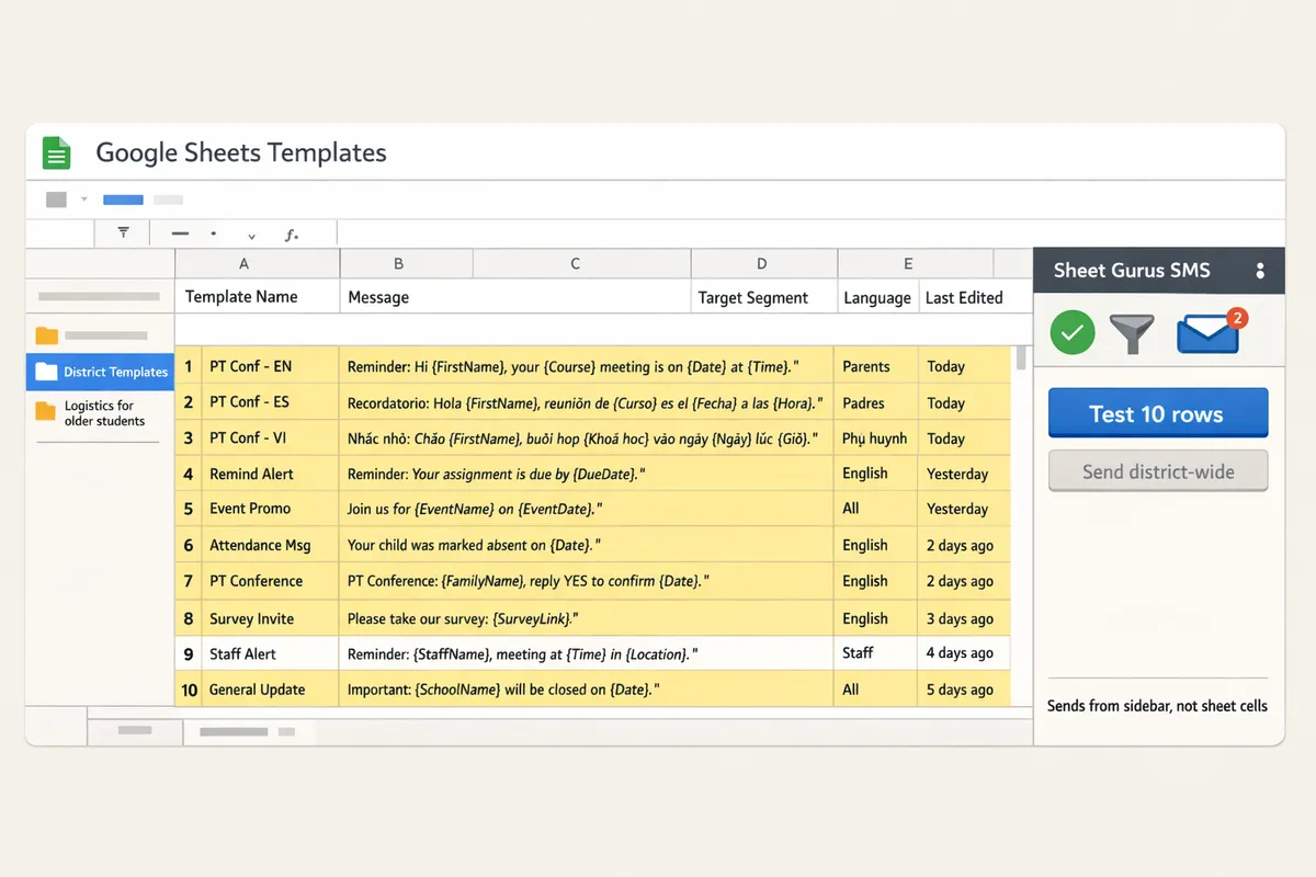 spreadsheet showing a templates tab with columns for template name message target segment language and last edited