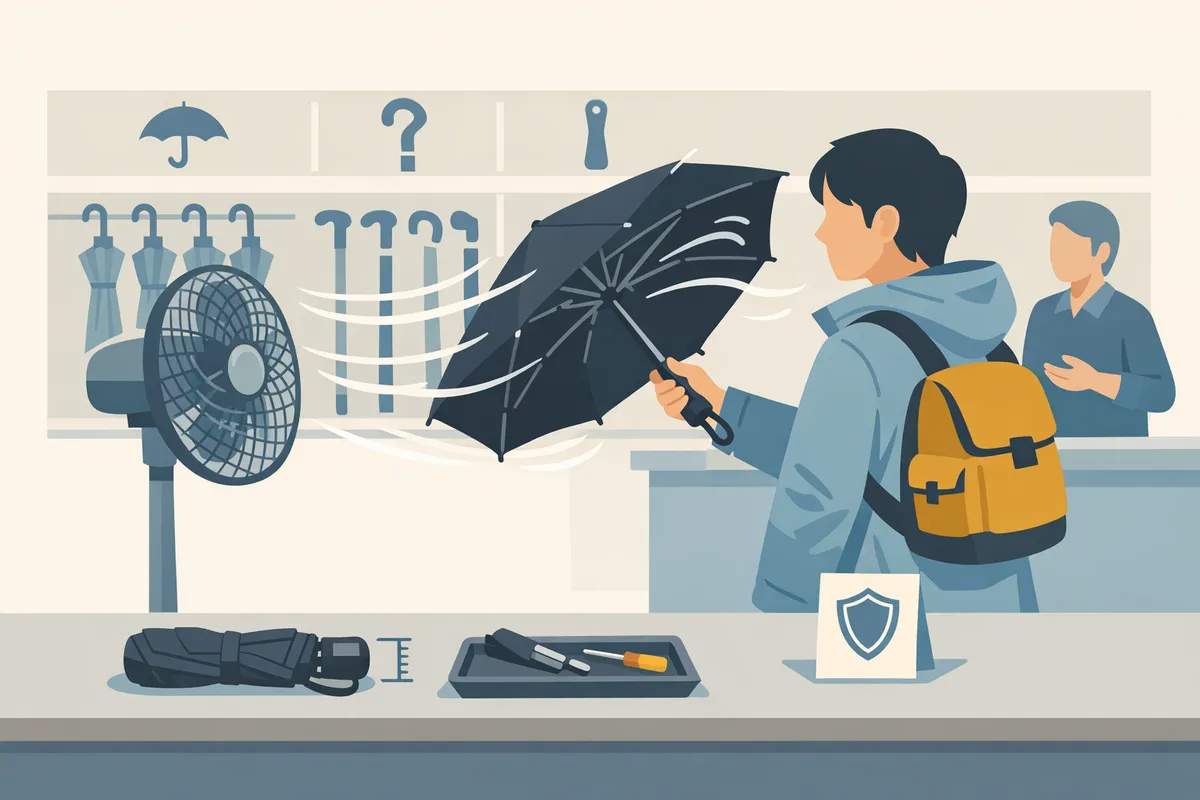 shopper testing a compact umbrella in front of a fan to simulate wind resistance