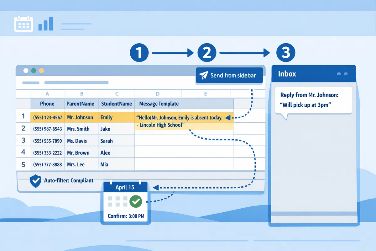 flowchart showing a google sheet with columns for phone parentname studentname message template using variables and a sidebar inbox receiving replies linked to rows
