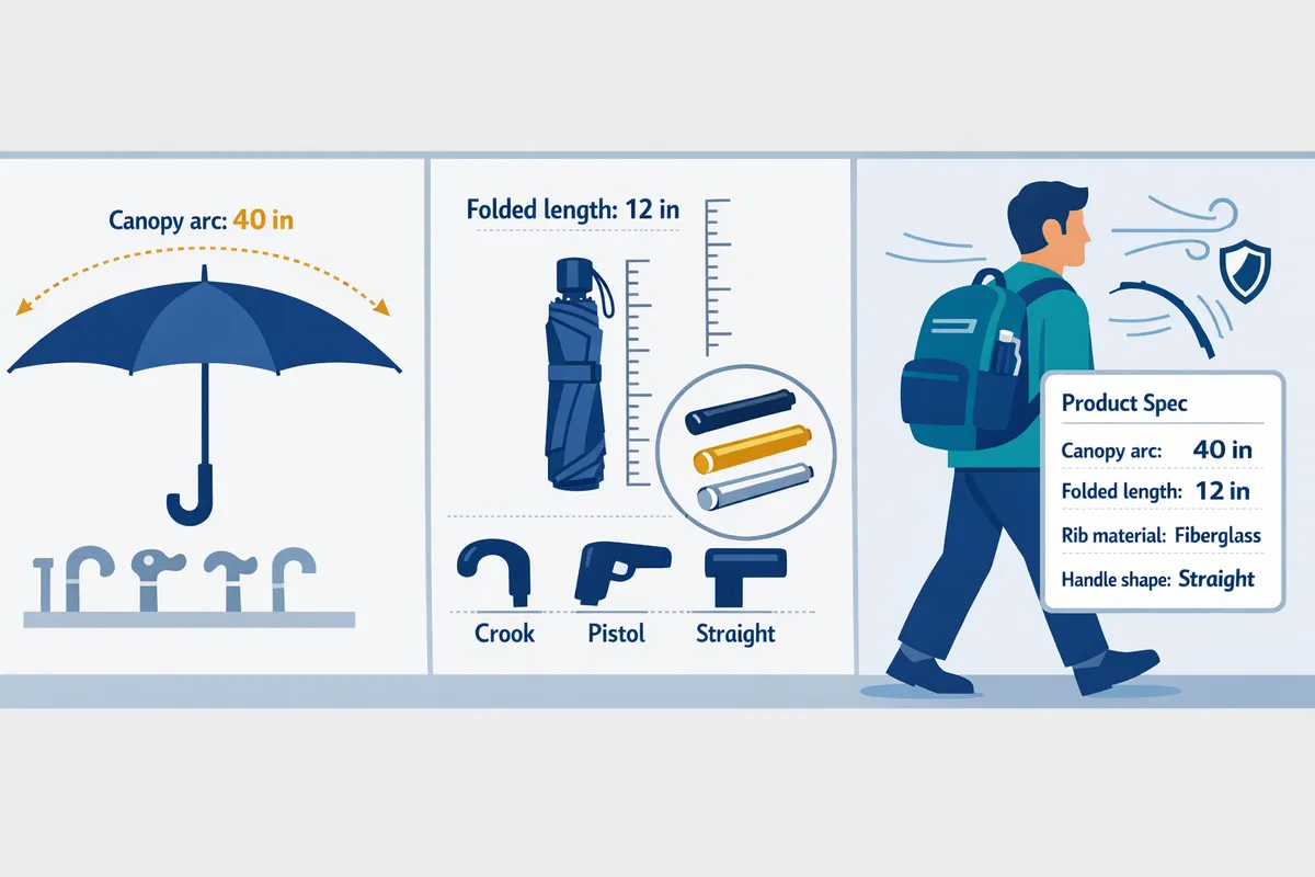 comparison diagram showing canopy arc folded length rib material handle shape and a commuter carrying an umbrella in a backpack