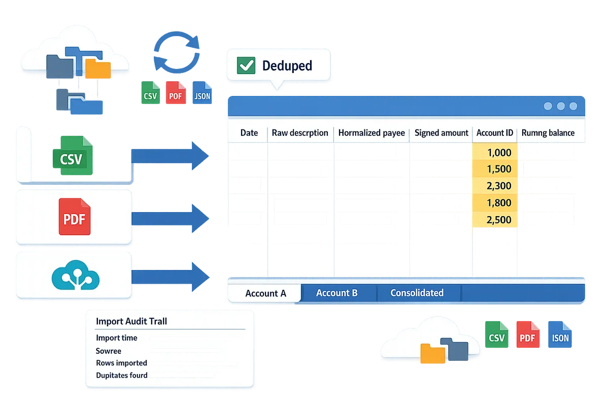 diagram showing inputs csv pdf api flowing into a multitab google sheet with dedupe check and running balance columns
