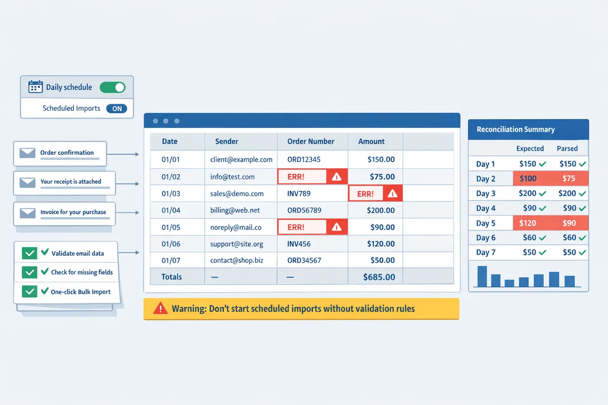 spreadsheet showing parsed email fields mapped to columns date sender order number amount with validation errors highlighted
