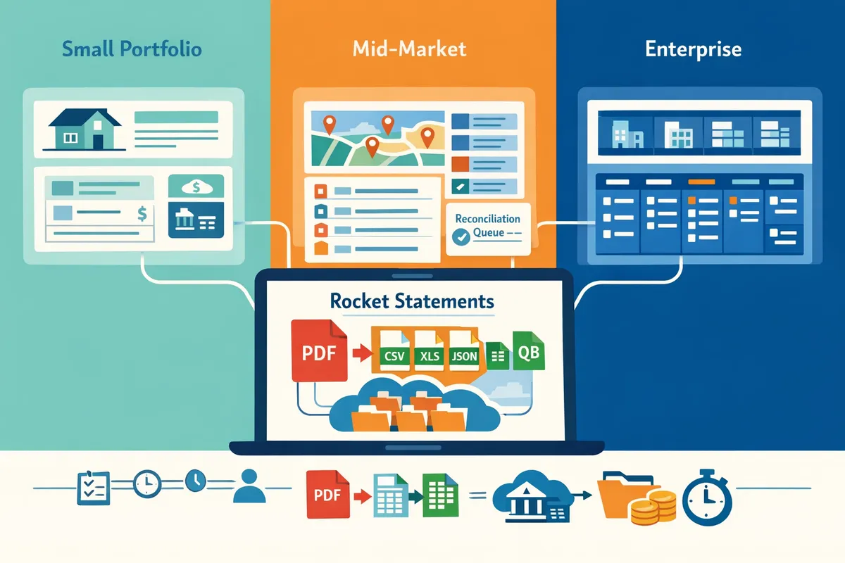 splitscreen showing dashboards for small midmarket and enterprise property accounting tools