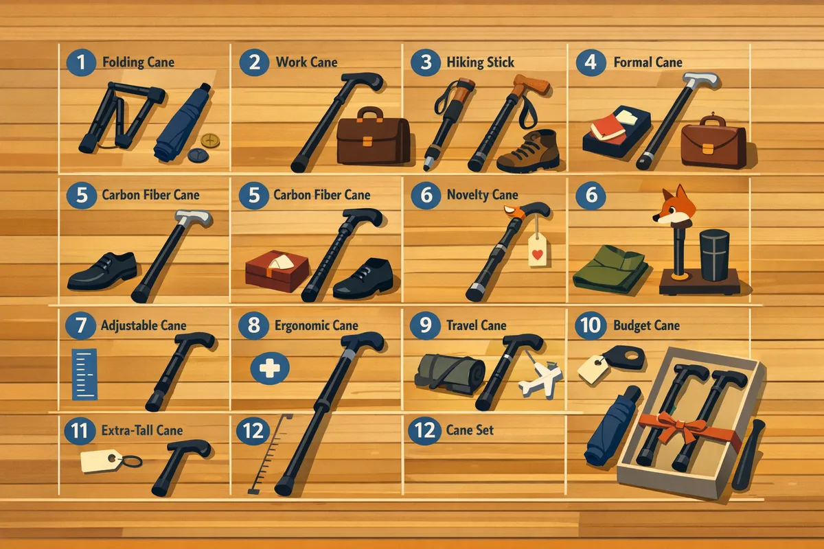 twelve walking canes arranged by use case on a wooden floor showing commuter work hiking formal carbon fiber novelty adjustable ergonomic travel budget extratall and bundle options