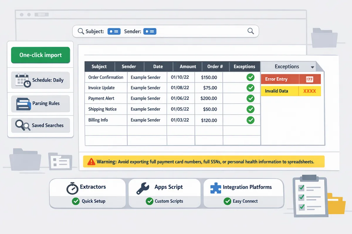 sample spreadsheet showing parsed email rows schema columns and an exceptions sheet