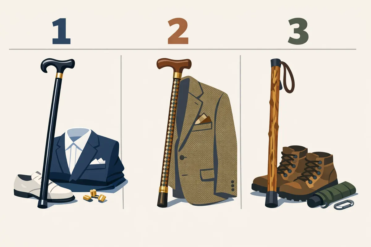 three mens canes styled beside a navy suit tweed jacket and hiking boots to show formal businesscasual and outdoor pairings