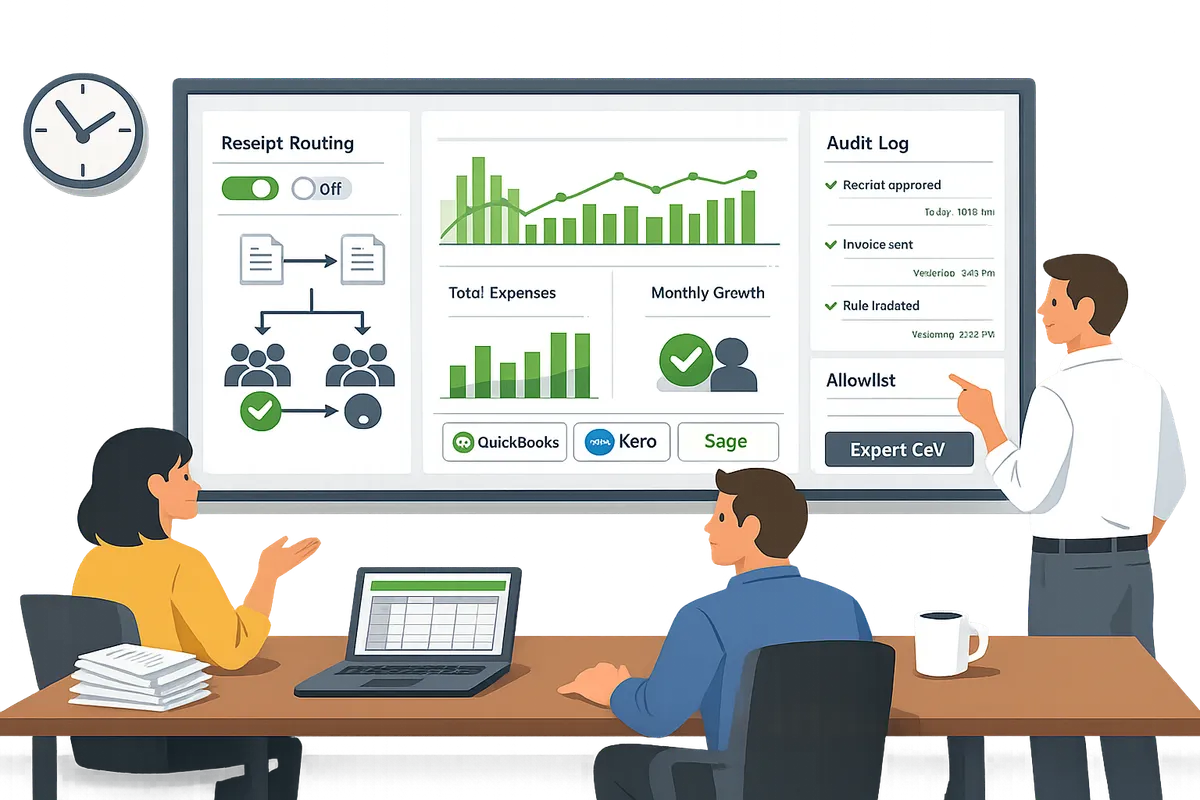 finance team reviewing a receipt routing dashboard with audit log and kpi charts on screen