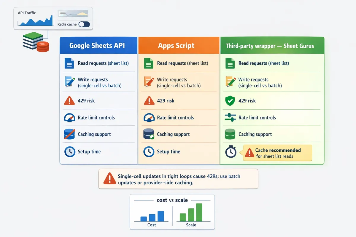 sidebyside quota matrix showing google sheets api vs apps script vs thirdparty wrapper