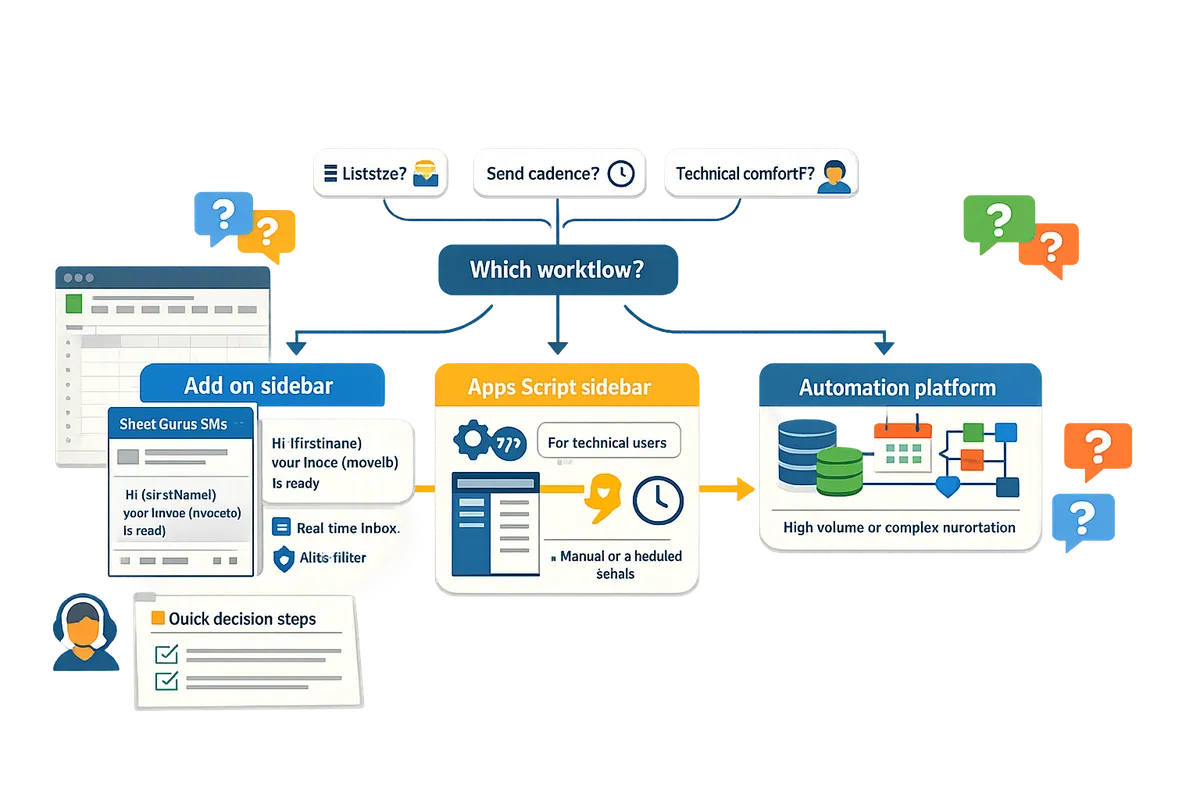Flowchart showing decision tree for choosing Add-on Sidebar, Apps Script Sidebar, or Automation Platform with Google Sheets