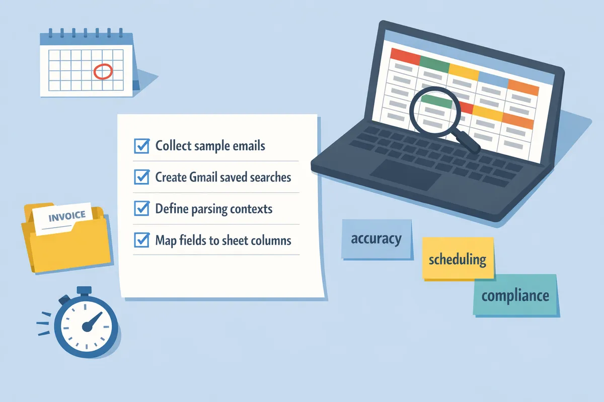 checklist items on a desk with a laptop showing parsed rows in a spreadsheet and sticky notes labeled accuracy scheduling compliance