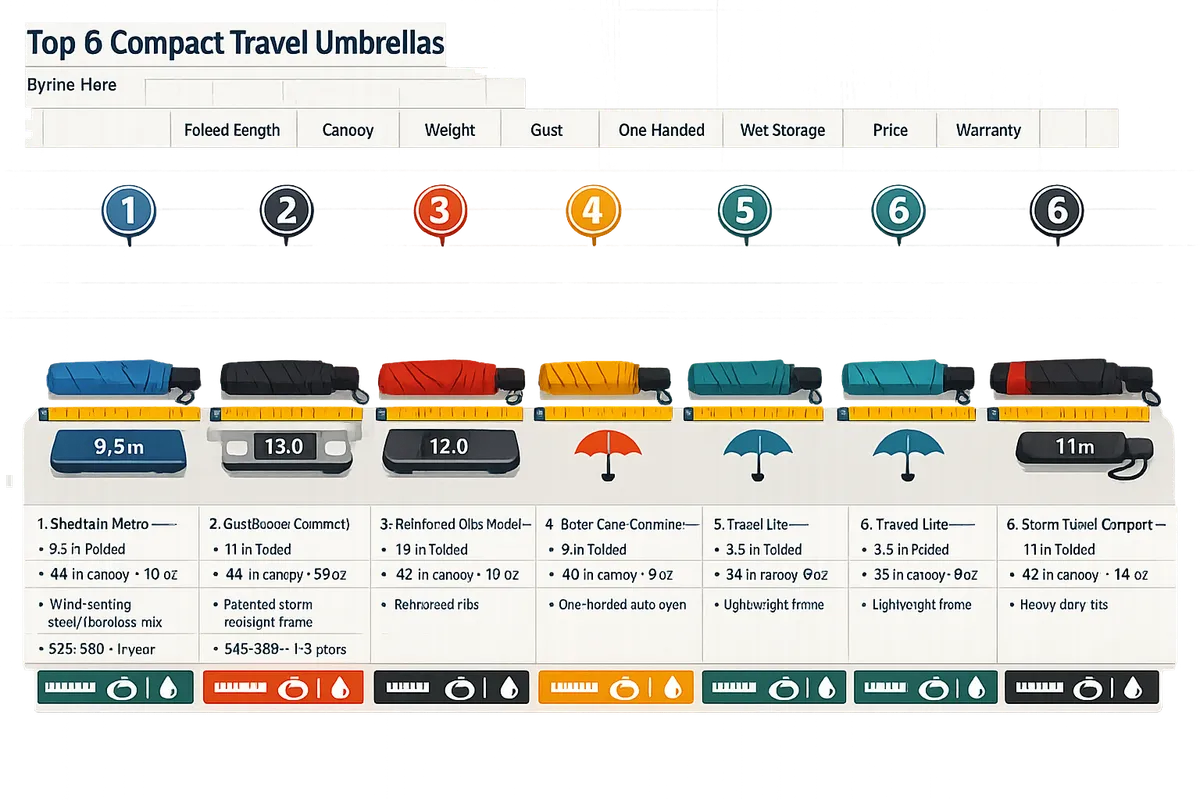 comparison of six compact travel umbrellas laid out with measuring tape weight scale and labels