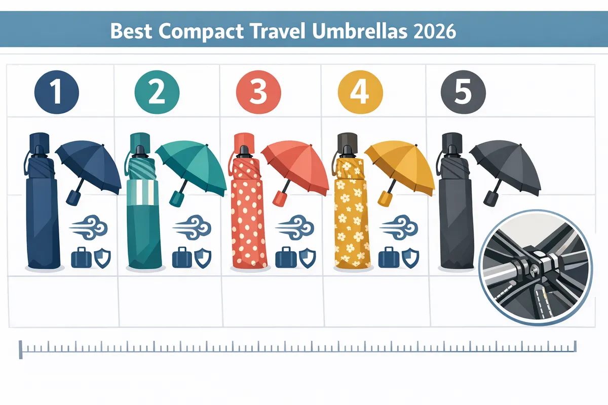 lineup of compact travel umbrellas showing folded lengths canopy sizes and sleeve designs