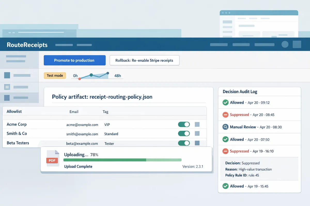 screenshot of routereceipts dashboard showing policy artifact upload and decision audit log entries