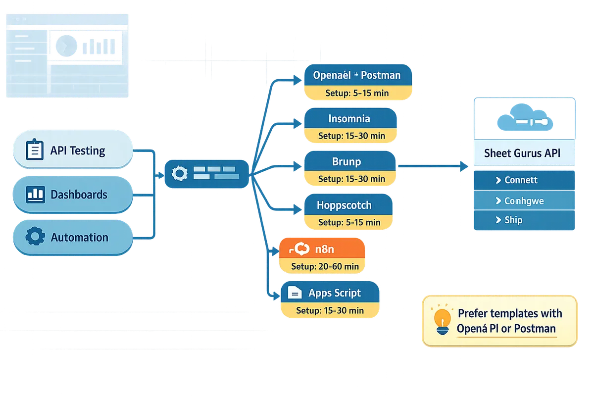decision tree diagram mapping needs api testing dashboards automation to recommended template types and setup times