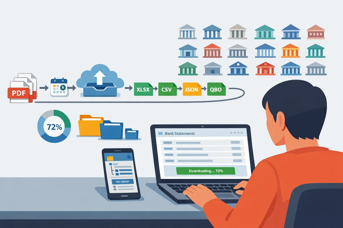 person downloading bank statement pdfs on a laptop with phone and rocket statements open in background