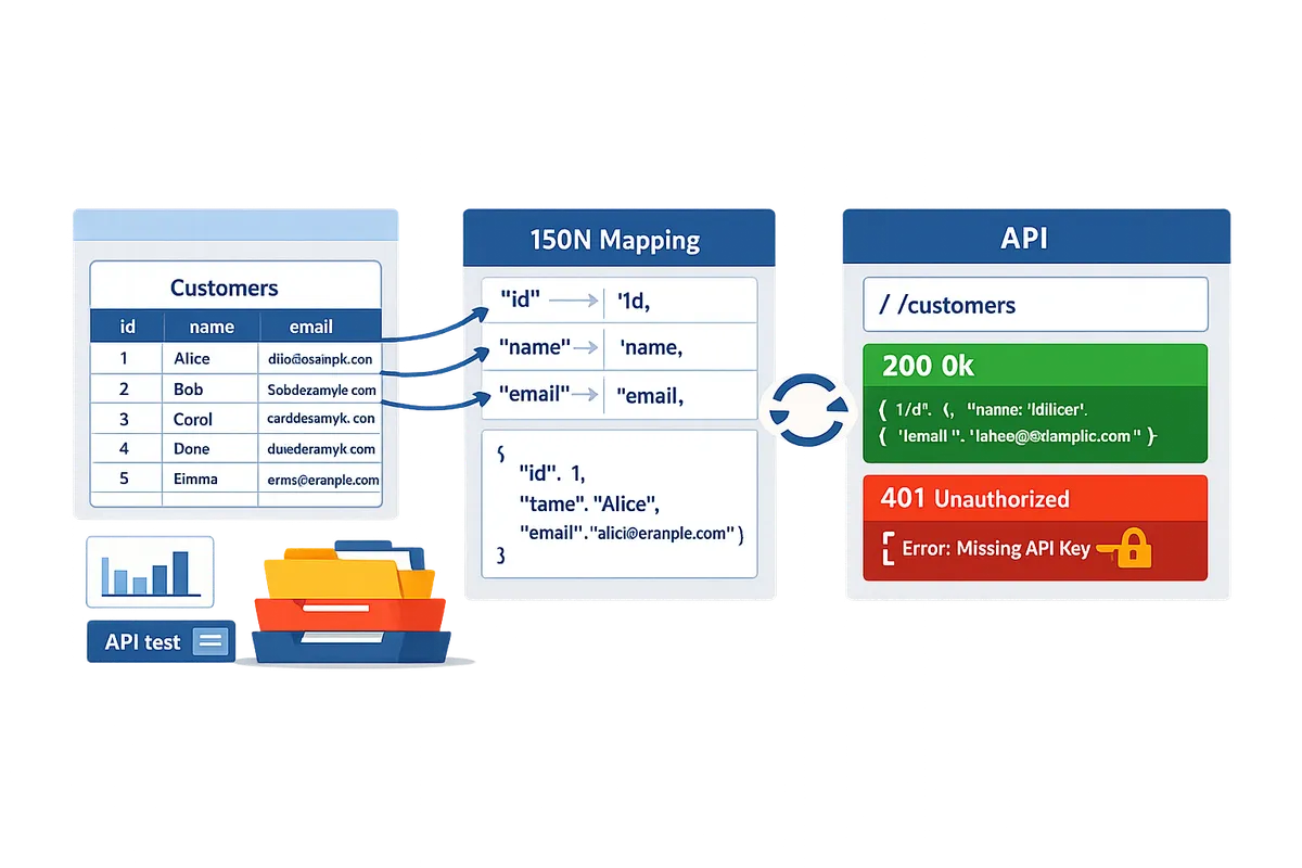 diagram showing a spreadsheet on the left with a sheet named customers header row mapping to json keys in the center and api endpoints customers on the right