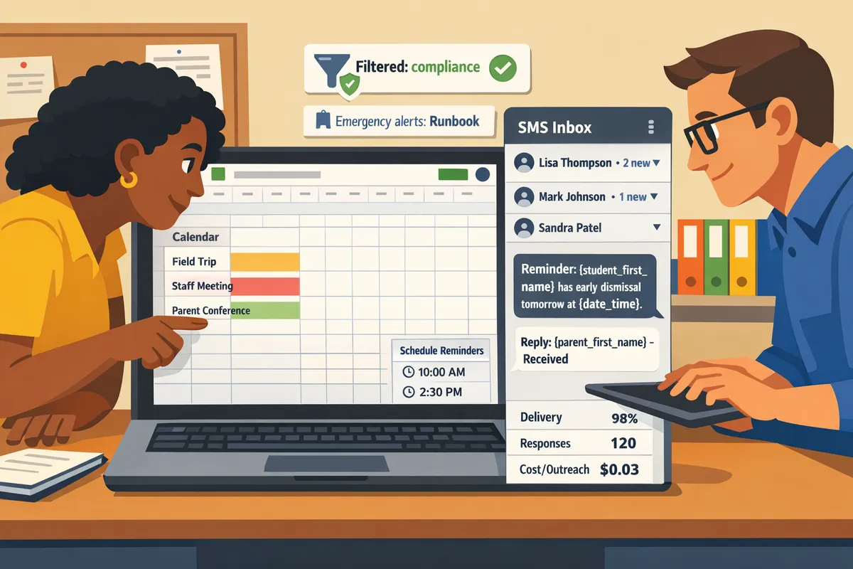 school staff reviewing scheduled sms reminders and inbox replies on a laptop with google sheets open