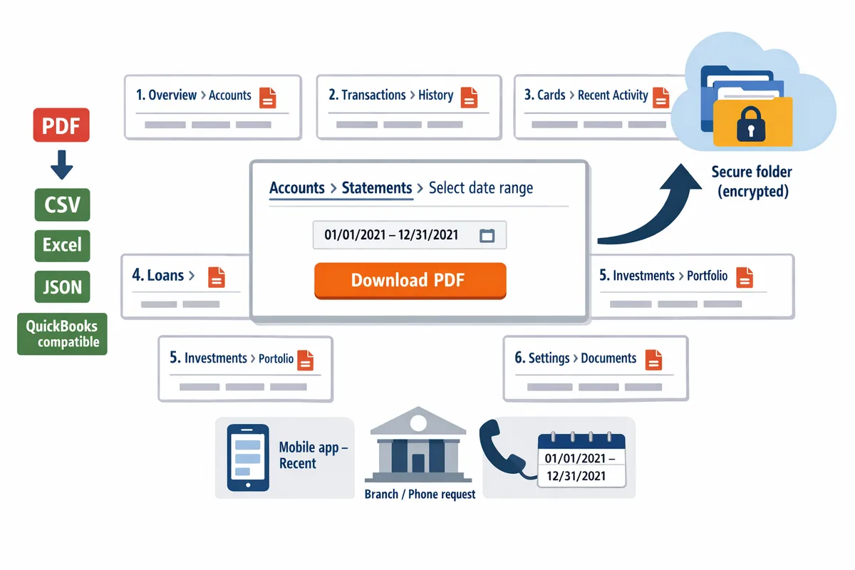 screenshot grid showing account portal menu paths for multiple banks and a pdf download button