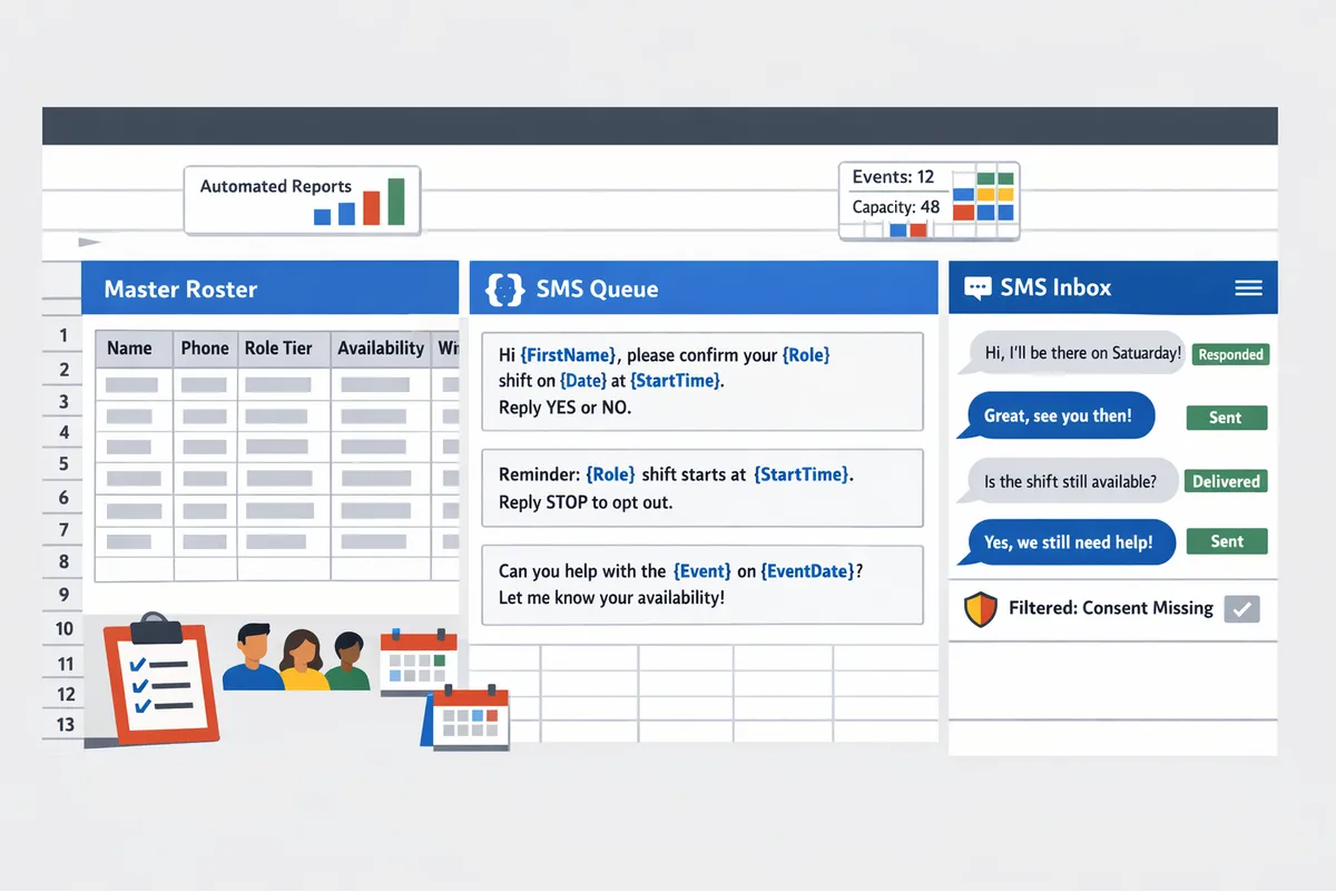 screenshot of the google sheets volunteer template showing master roster sms queue template example and sheet gurus sms sidebar inbox
